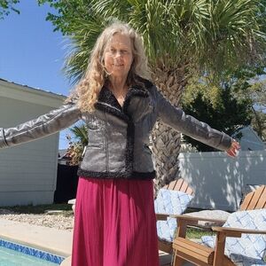 Grey Leather MOTO B. Coature Jacket Black Shearling Lining Size Small All Faux